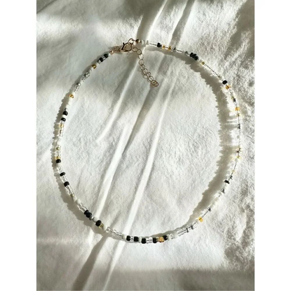 Black, white, & yellow color beaded beach necklace